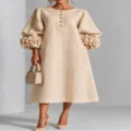 Elegante vestido midi de lino con mangas de linterna y flores 3D estilo francés para mujer - XS / Vestidos / Albaricoque