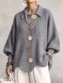 Women Autumn Vintage Loose Knit Cardigan Large Gold Buttons Chic Lapel Outerwear - Dark Gray