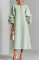 Light green linen midi dress featuring 3D floral lantern sleeves and elegant French style. - Light Green