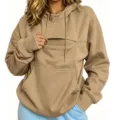 Herfst winter thermische fleece hoodie in kaki met borstzak met rits en grote kangoeroezak. - Kaki