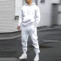 Mens solid color tracksuit autumn casual hooded sweatshirt and sweatpants two piece set - White