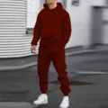 Men's Autumn Casual Sportswear Solid Color Hoodie Two-Piece Set Loose Tracksuit Wear - Burgundy