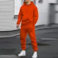 Men's casual orange hooded sweatshirt and matching jogger pants tracksuit set for autumn. - Orange Red