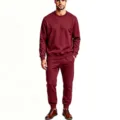 Men's solid maroon fleece crewneck sweatshirt and sweatpants tracksuit set for autumn and winter - Burgundy