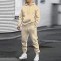 Men's casual solid color hooded tracksuit two-piece set, comfortable autumn wear. - Apricot