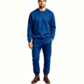 Men's solid blue fleece crewneck sweatshirt and matching sweatpants active tracksuit set. - Blue