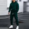 Men's casual tracksuit autumn solid color hoodie and sweatpants two-piece sportswear set. - Dark Green