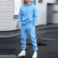 Men's light blue casual tracksuit two-piece set, solid color loose hoodie and sweatpants for autumn. - Light Blue