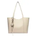 Elegante beige lederen shopper tas met schattige strohoed bedel, grote capaciteit voor dagelijks. - Broken Wit