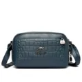 Donkerblauwe zachte lederen dames schoudertas met krokodillenstructuur, compacte telefoontas. - Blauw