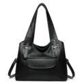 Elegante zwarte zachte lederen shopper voor dames, ruime casual schoudertas met handige handgrepen. - Zwart