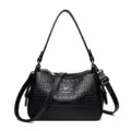 Zwarte krokodillenmotief dames schoudertas, elegante retro crossbody tas met verstelbare riem. - Zwart