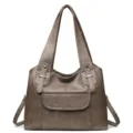 Bruine zachte leren schoudertas voor dames casual shopper handtas met voorvak groot - Khaki