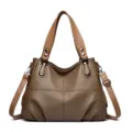 Bruine dames schoudertas van leer met litchipatroon, veelzijdige casual shopper en handtas. - Khaki