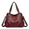 Burgunderrote Litschi-Maserung Leder Umhängetasche, schicke Damen Crossbody Tote mit Braungriffen. - Burgunderrot