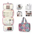 Vierteilige hängende Kulturtasche mit buntem Muster, große Kapazität Make-up Kosmetik Organizer. - Rosa Runde Blume