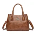 Vintage bruine lederen shopper tas voor dames, grote schoudertas en handtas met crossbody. - Geel