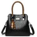 Dames PU lederen handtas vintage handtas schoudertas met gevlochten handvat en kralen. - Zwart