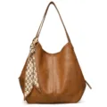Bruine PU Lederen Hobo Schoudertas met Sjaal Accent Grote Capaciteit Tote Tas - Geelbruin