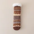 Chaussettes de maison épaisses et chaudes en peluche polaire à motif nordique. - Taille unique / Marron