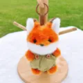 Cute fluffy fox plush keychain with overalls, soft stuffed animal bag charm for women gift. - Fox
