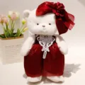 Cute white plush teddy bear wearing a dark red dress and big flower bow. Wedding gift. - Angel Woman Red Dress