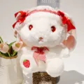 Süßes Lolita Plüschtier weißer Hasenpuppe mit roter Schleife und Erdbeerdetails. - Ca. 30cm Höhe / Lolita Rotes Kaninchen