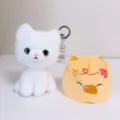 Cute white cat plush keychain with removable yellow hood zodiac design soft doll gift - White Cat