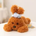 Cute brown puppy plush toy with plaid headband, soft stuffed animal doll for kids gift. - Orange Lying with Hair Band