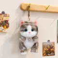 Fluffy Gray Tabby Cat Plush Keychain Cute Kitten Stuffed Animal Doll with Heart Pendant - Tabby Cat