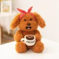 Brown cute puppy plush toy with red polka dot bow holding a coffee cup for kids sleep. - Coffee Time