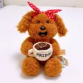 Cute curly brown teddy dog plush toy holding coffee cup, soft stuffed animal doll gift. - Sitting Holding Coffee Cup