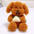 Cute curly brown plush puppy toy holding sandwich stuffed doll pillow for kids gift. - Sitting Sandwich Style