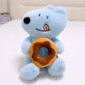Blue plush bear doll holding donut pillow cute stuffed animal toy soft companion gift for kids - Sitting Donut Style