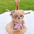 Cute plush bear keychain with glasses and pink bow dress, soft fluffy bag pendant charm. - Pink Bear
