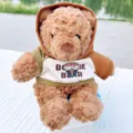 Cute brown teddy bear plush toy wearing a casual brown hoodie and shirt, soft stuffed doll. - Grass Green Brown Yellow Colorblock Hoodie