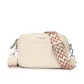 Beige lederen crossbodytas met brede bedrukte schouderband, stijlvolle cameratas voor dames. - Wit