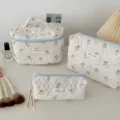 Cute quilted cosmetic bag set with adorable bear pattern, large capacity portable makeup pouch. - Blue Polka Dot Bear
