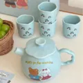 Korean cute ceramic tea set with teapot and four cups, cherry and bear pattern gift box. - 1 Pot 4 Cups Set (With Gift Box) / Five-Piece Set / Blue Bear
