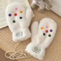 Flauschige Winter warme Fäustlinge für Damen, dicke Plüsch Handschuhe mit bunten Knöpfen Kordel. - Weiß