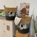 Woven laundry basket with cute puppy patch, large capacity storage hamper for home organization. - Hat-Wearing Dog / S