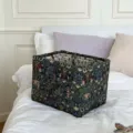 Detail view of fabric storage basket with floral botanical print and interior dividers for home. - Navy Blue (3199)