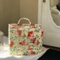 Quilted floral fabric storage basket with handle and pocket for home organization. - Red Floral Style (8009)