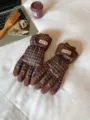 Gants de ski imperméables à carreaux rétro hiver chaud polaire épais sport en plein air - Café