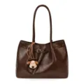 Modische braune PU Leder Tote Tasche für Damen, große Kapazität Vintage Schultertasche. - Mit Hunde-Anhänger / Braun