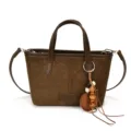 Vintage brown suede women handbag, chic top handle tote bag with wooden bead charm. - Green