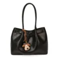 Schwarze PU-Leder Tote Tasche für Damen, große Schultertasche mit niedlichem Hundehänger. - Mit Hunde-Anhänger / Schwarz