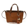 Retro Wildleder Eimer Tasche Damen lässige Umhängetasche mit Holzperlen Anhänger. - Braun