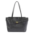 Dark grey PU leather shoulder tote bag, retro commuting bag with elegant metal twist lock design. - Gray
