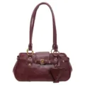 Wine red retro underarm shoulder bag for women, stylish vintage baguette handbag with gold tone. - Burgundy